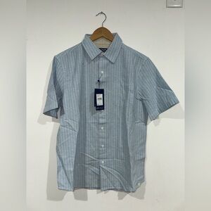 Chaps Faded Blue White Striped Woven Cotton Linen Button-Up Shirt Collared M.